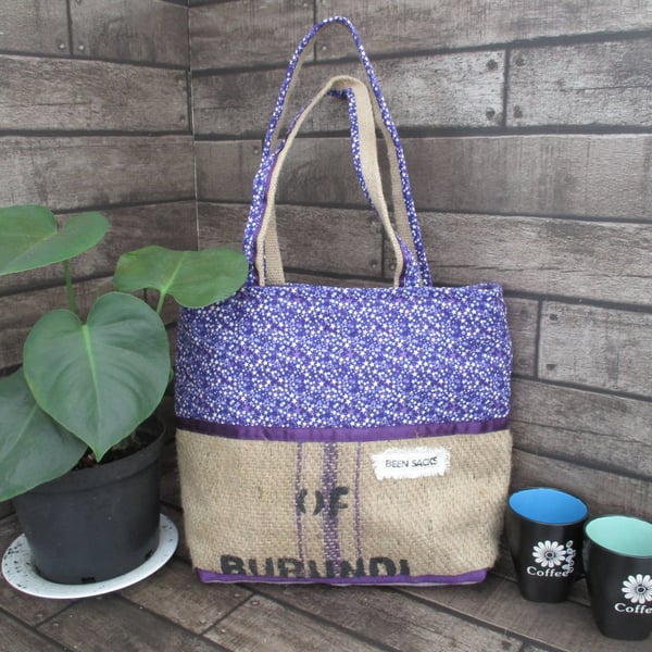 Eco-Friendly Tote Bag - Handmade from Upcycled Materials - Purple ditsy print