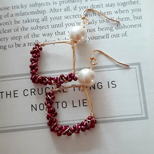 Purple Square Wire-Wrapped Beaded Earrings – Handmade Statement Jewellery, Gift 