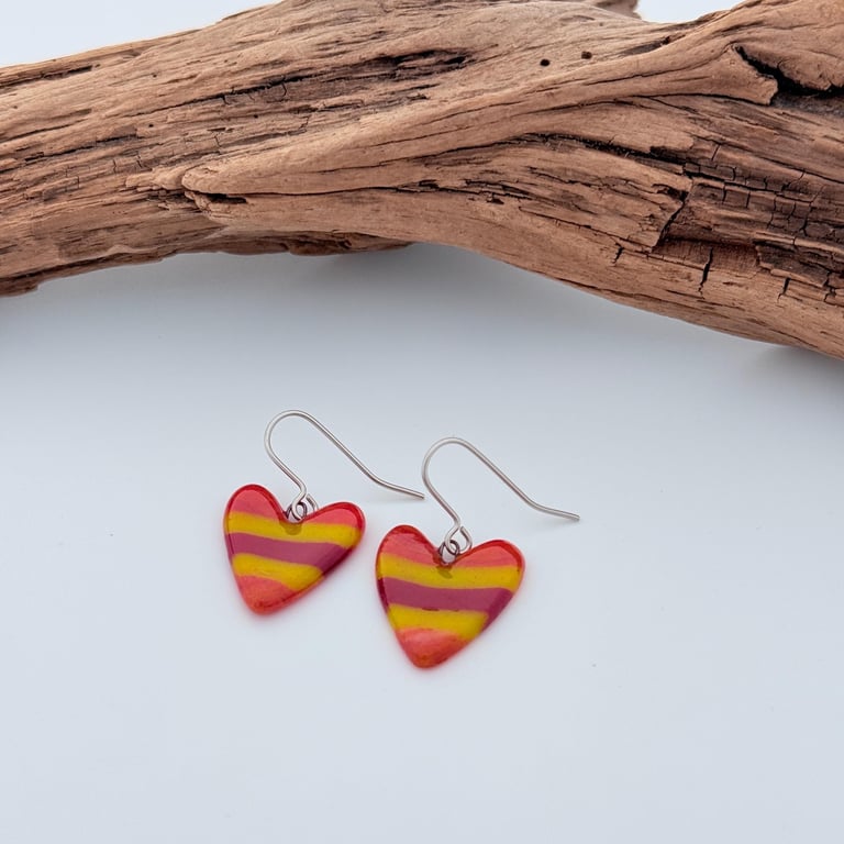 Striped Fused Glass Heart Drop Earrings with Surgical Steel Ear Wires