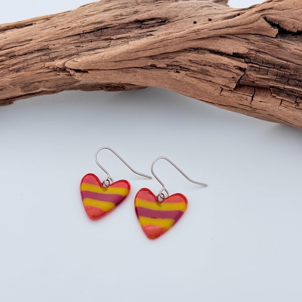 Striped Fused Glass Heart Drop Earrings with Surgical Steel Ear Wires