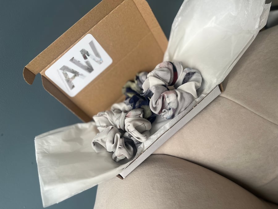 100% pure silk scrunchies. Custom set digitally printed design