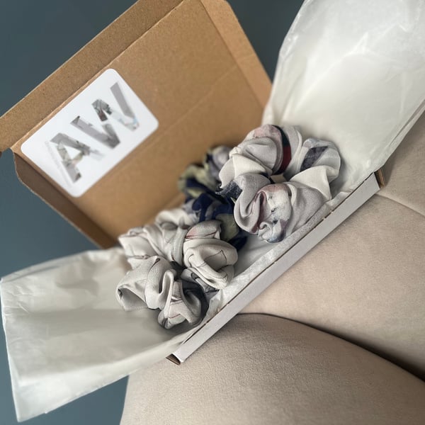 100% pure silk scrunchies. Custom set digitally printed design