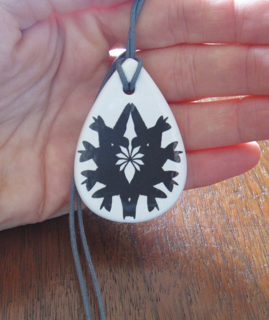 Hummingbird Silhouette Pattern Ceramic Pendant on Grey Cord with Lobster Clasp