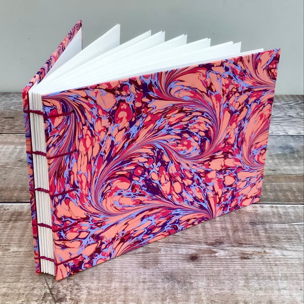 Watercolour Sketchbook with Red Blue & Pink Hand Marbled Paper 