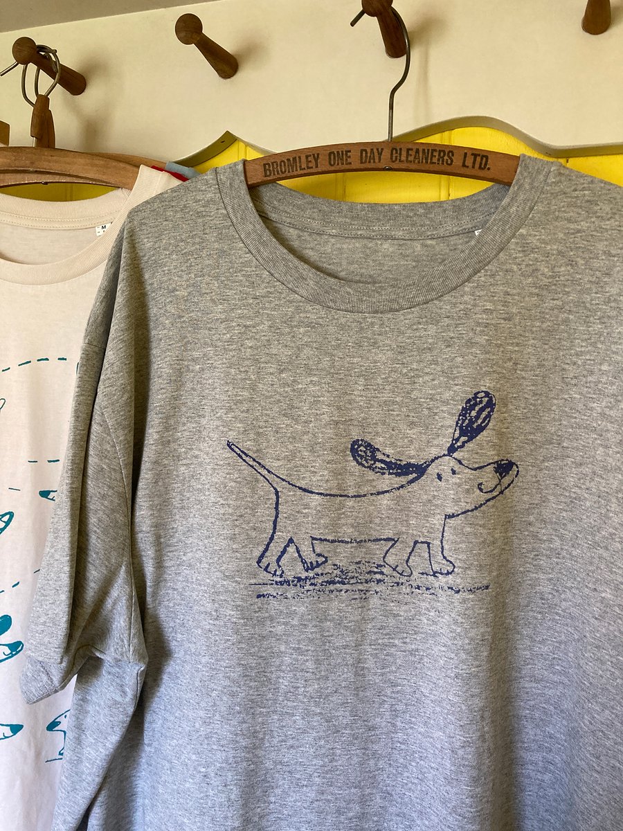 Happy Sausage Dog hand printed organic cotton t-shirt by Jo Brown 