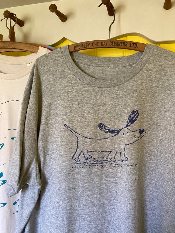 Happy Sausage Dog hand printed organic cotton t-shirt by Jo Brown 
