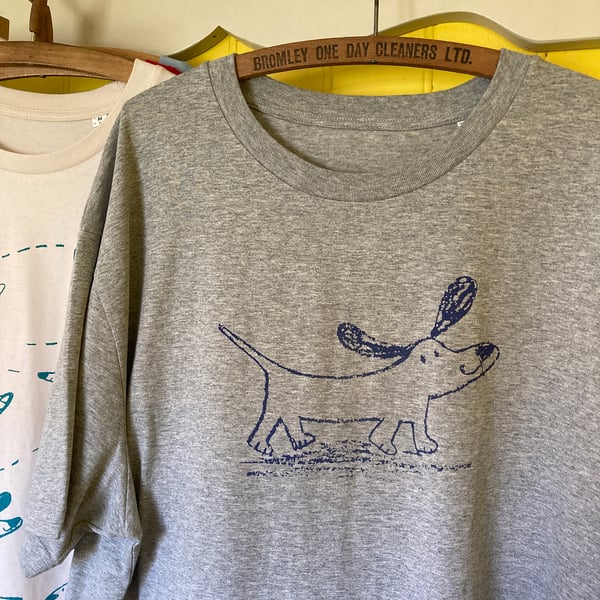 Happy Sausage Dog hand printed organic cotton t-shirt by Jo Brown 
