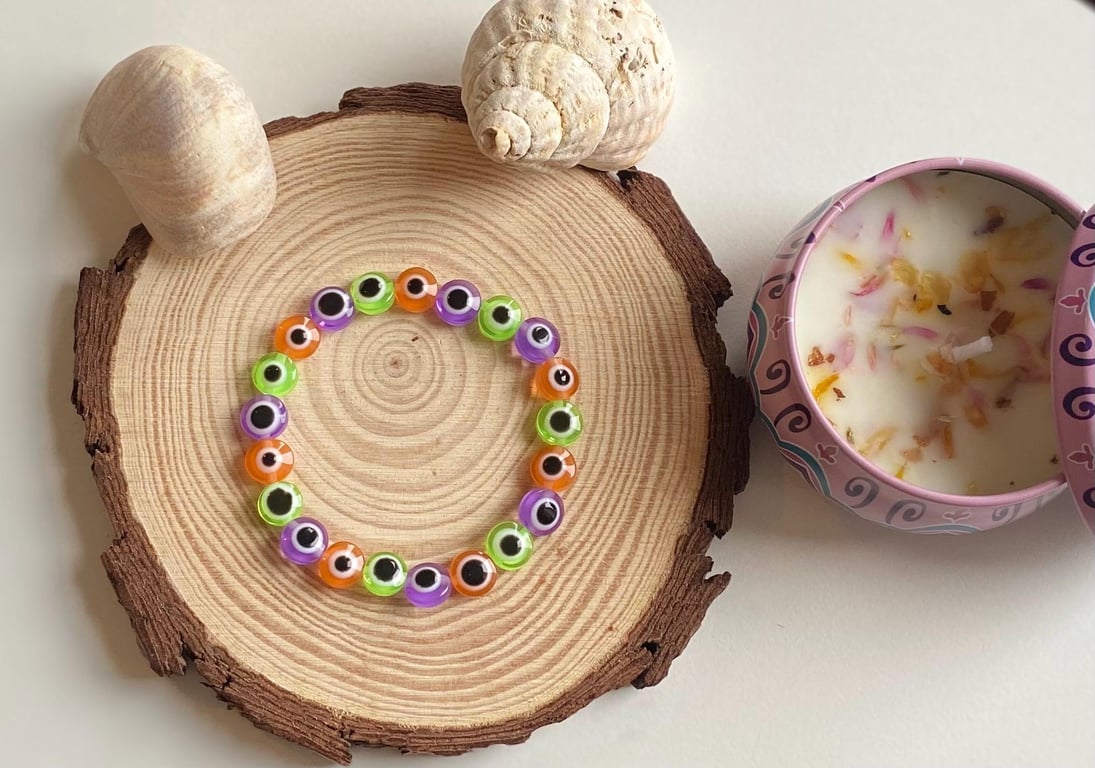 Rainbow Eye Acrylic Beaded Stretch Bracelet Handmade Colorful Jewelry