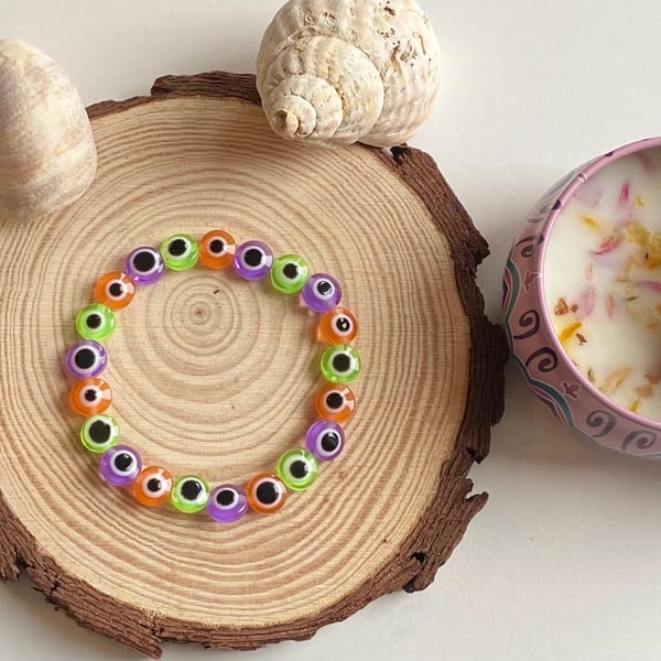 Rainbow Eye Acrylic Beaded Stretch Bracelet Handmade Colorful Jewelry