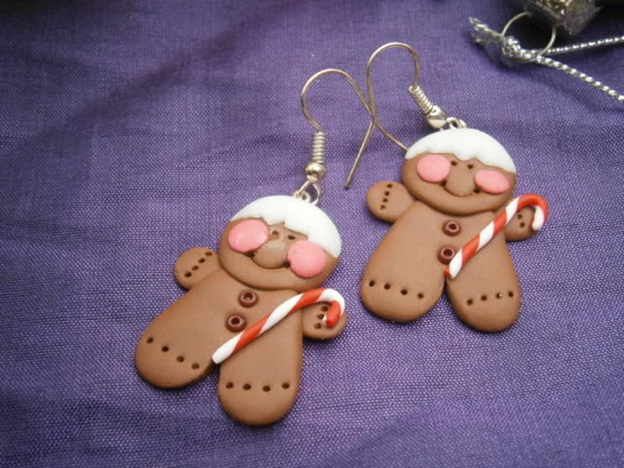 Christmas Novelty Fimo Earrings GINGERBREAD Red Buttons