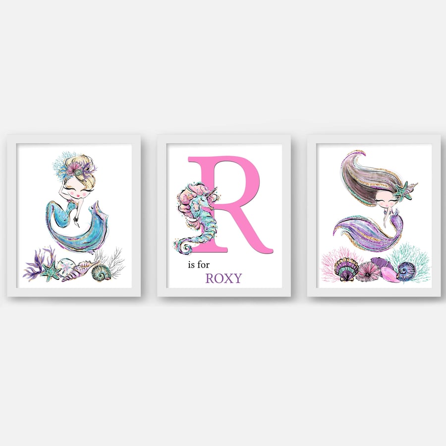 Mermaid nursery wall prints, mermaid girls room wall decor, mermaid gift