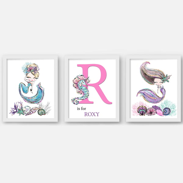 Mermaid nursery wall prints, mermaid girls room wall decor, mermaid gift