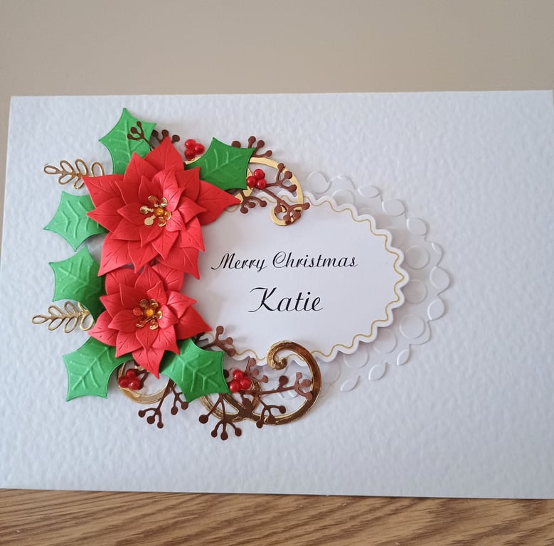 Handmade Personalised Christmas Card with Poinsettia flowers owers 