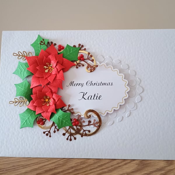 Handmade Personalised Christmas Card with Poinsettia flowers owers 