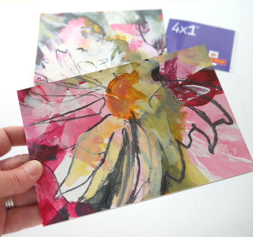original abstract floral painting handmade postcard 