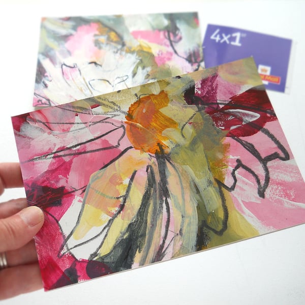 original abstract floral painting handmade postcard 