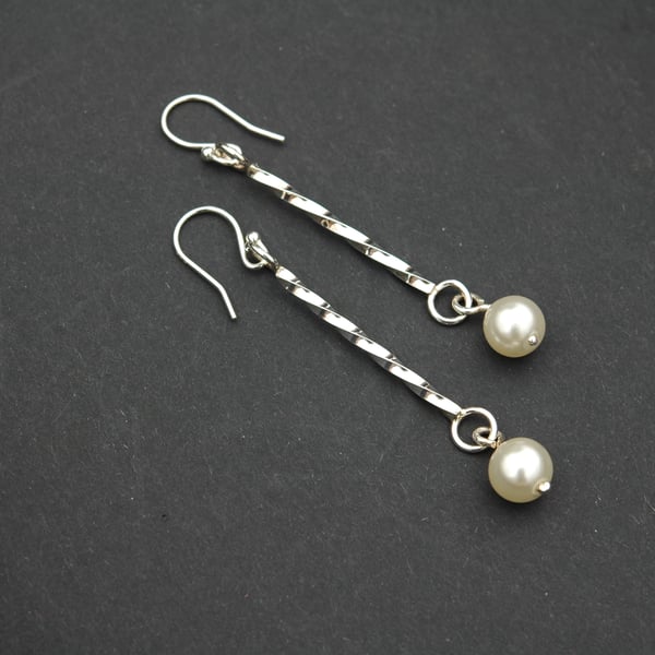 Pearl and silver twist drop earrings