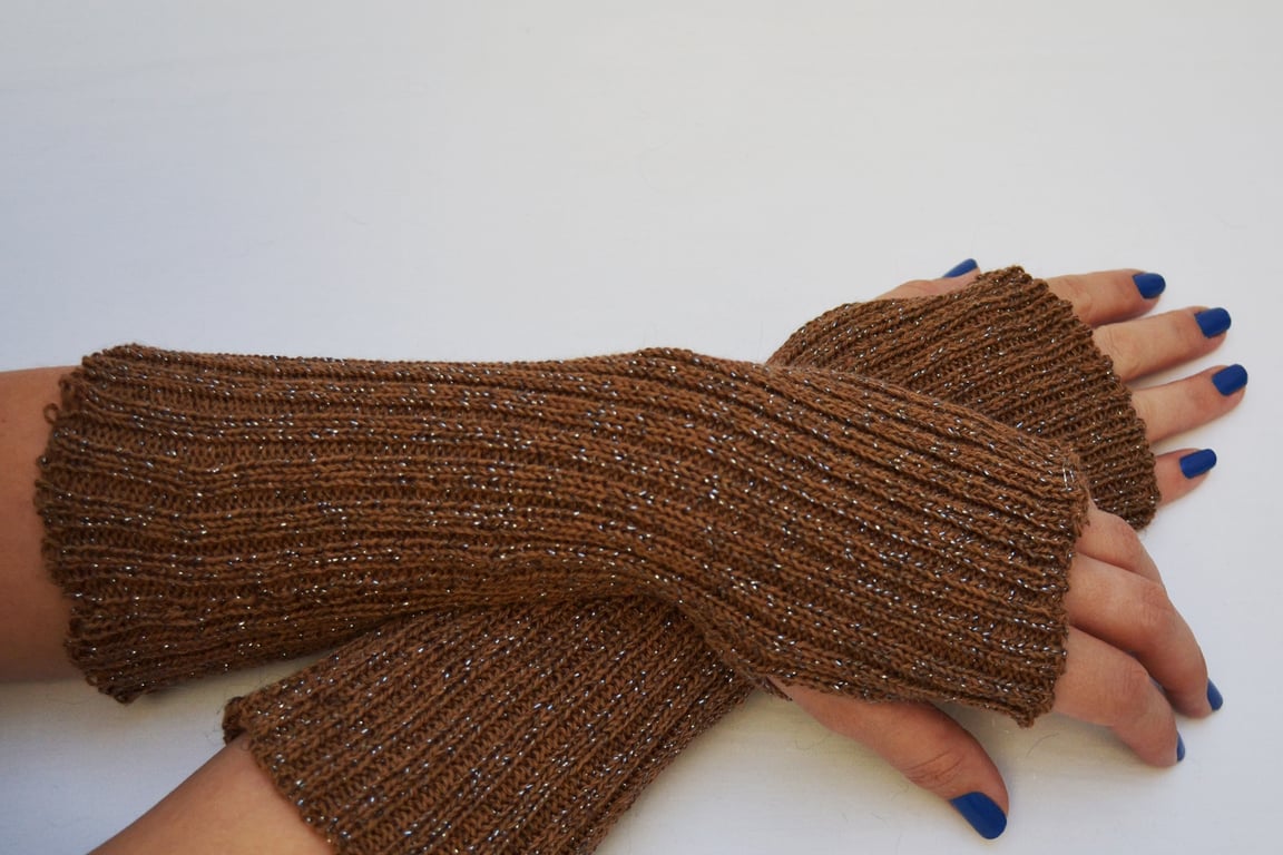 Fingerless Gloves knitted, Brown and Silver arm warmers