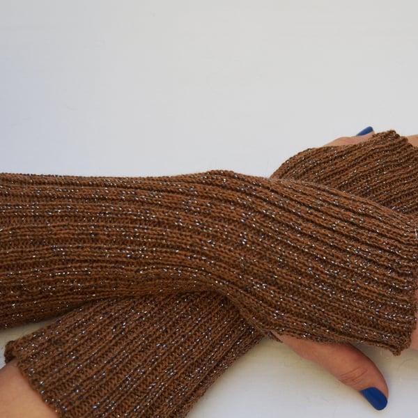 Fingerless Gloves knitted, Brown and Silver arm warmers