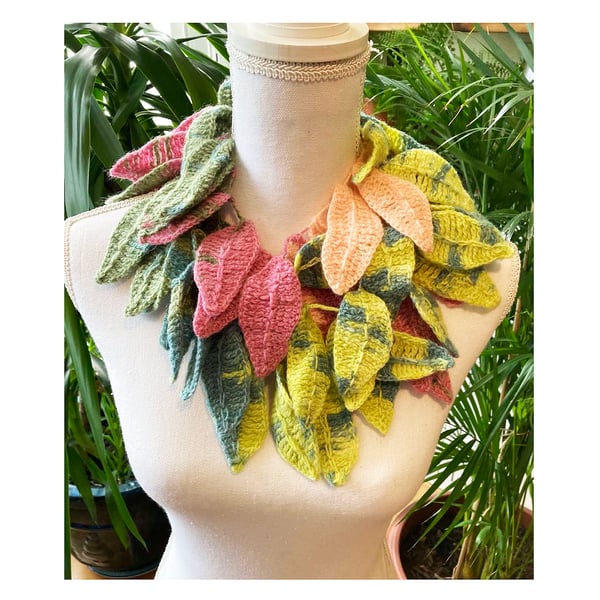 Crochet rainbow pastel colors leafy neck wrap -shawl
