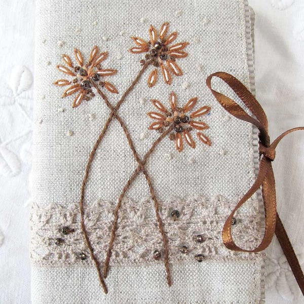 Linen Needle Book, Hand Embroidered and Beaded