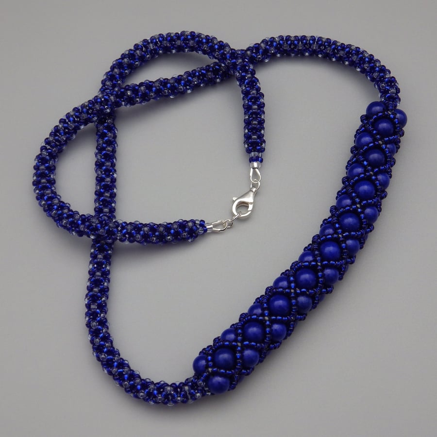 Beadwoven netted midnight blue howlite necklace
