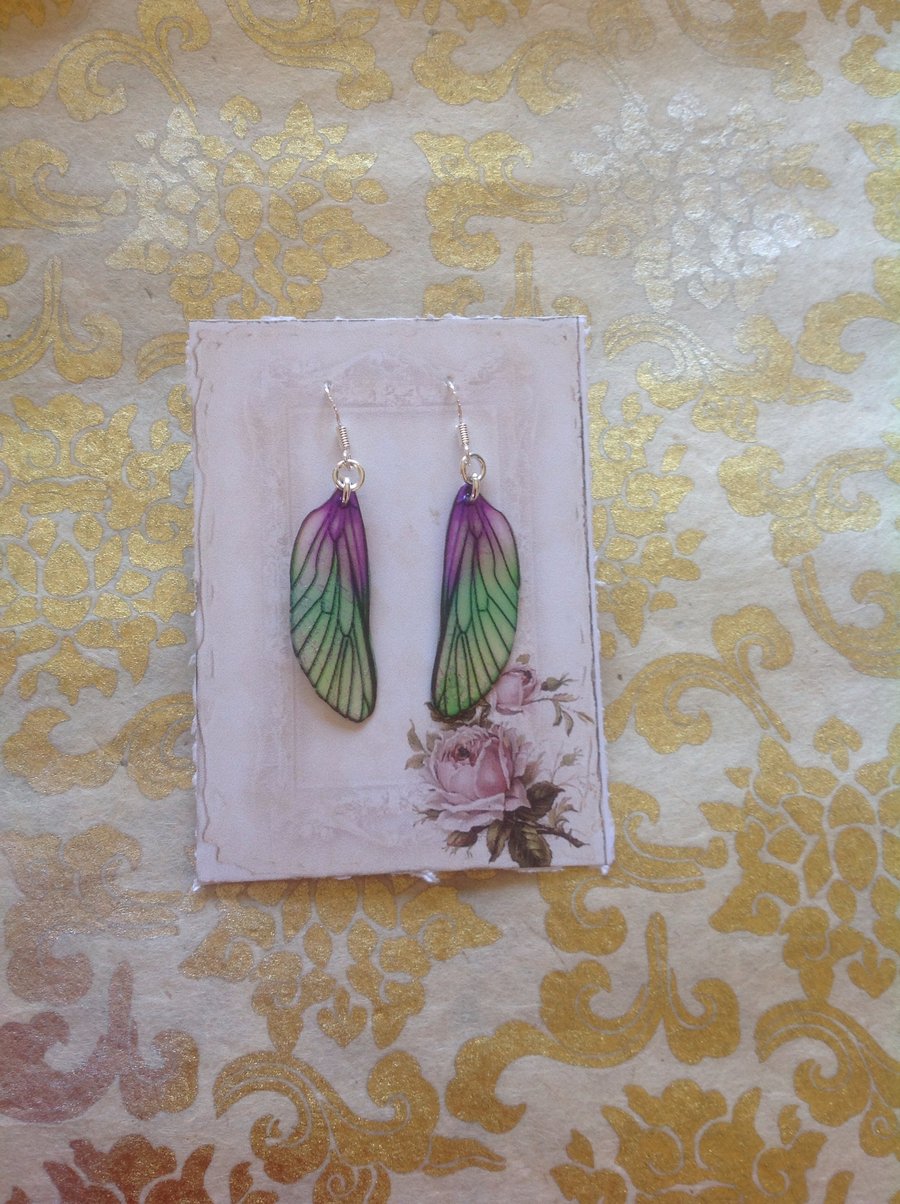 Purple and Green Iridescent Shimmering Sterling Silver Fairy Wing Earrings