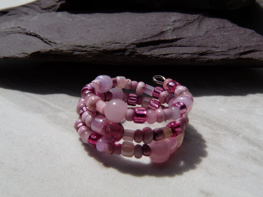 Pink Memory Wire Ring, Beaded Boho Festival Ring