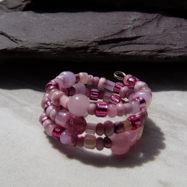 Pink Memory Wire Ring, Beaded Boho Festival Ring
