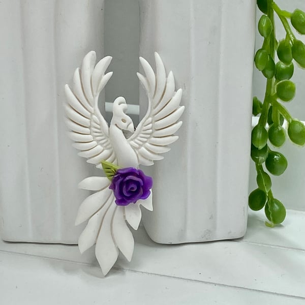 Polymer clay phoenix brooch, symbol of strength and resilience 