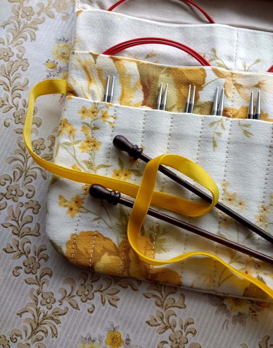 Vintage yellow floral print wrap suitable for interchangeable knitting needles..