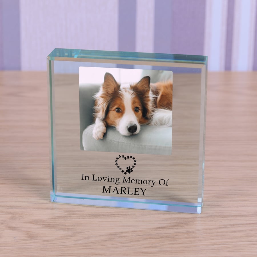Dog Memorial Personalised Photo, Engraved Glass Block, Dog Lovers Gift Paw Heart