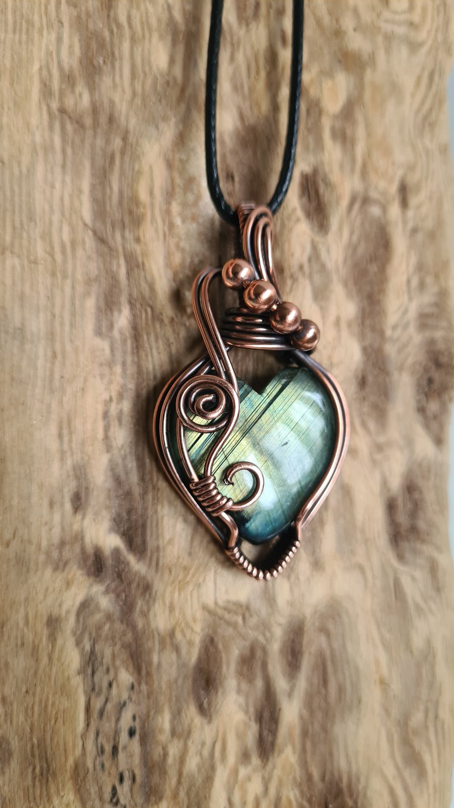 Natural Green Labradorite Heart Copper Necklace Pendant Gift Crystal Jewellery