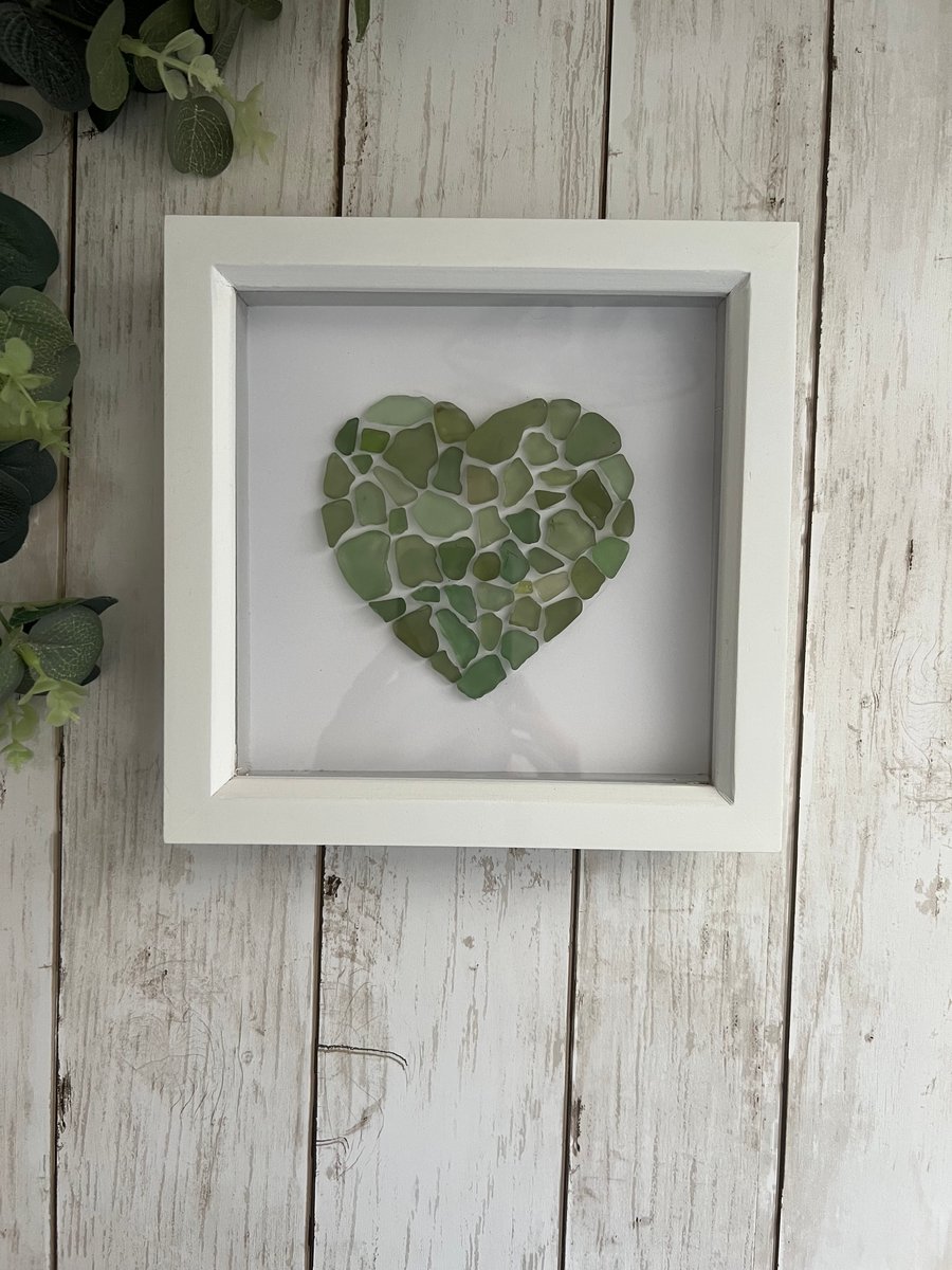 Sea Glass Wall Art: Heart, Green Mix White Shadow Box Frame - Coastal home decor