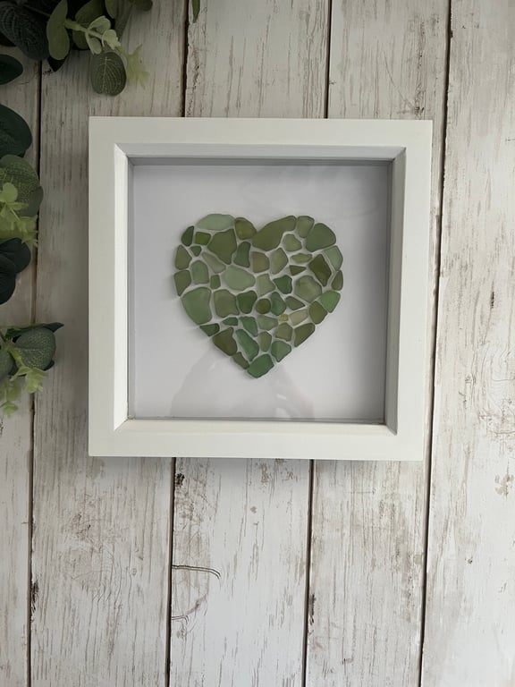 Sea Glass Wall Art: Heart, Green Mix White Shadow Box Frame - Coastal home decor