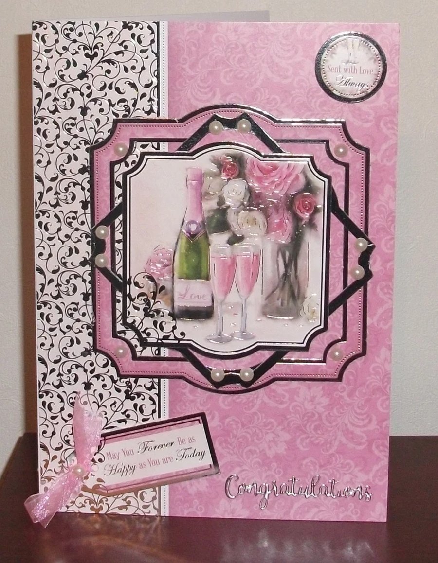 Wedding Celebration A5 card with Champagne and roses.