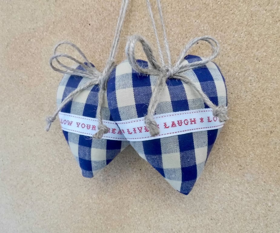 Pair hanging hearts navy blue and beige check gingham with words to inspire