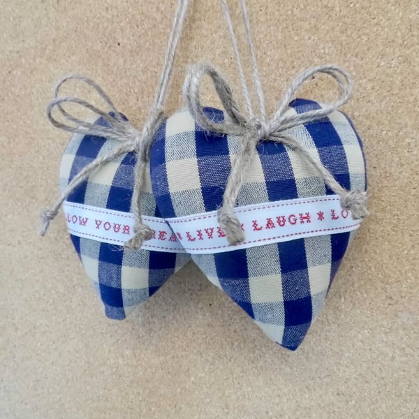 Pair hanging hearts navy blue and beige check gingham with words to inspire
