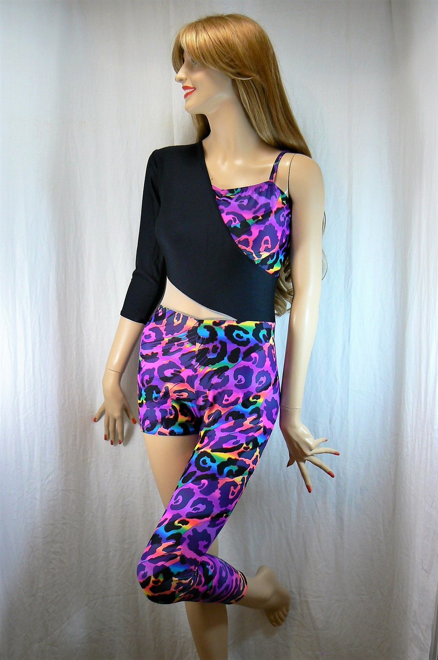 black and rainbow leopard print dance costume