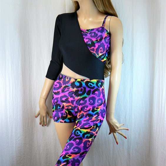black and rainbow leopard print dance costume
