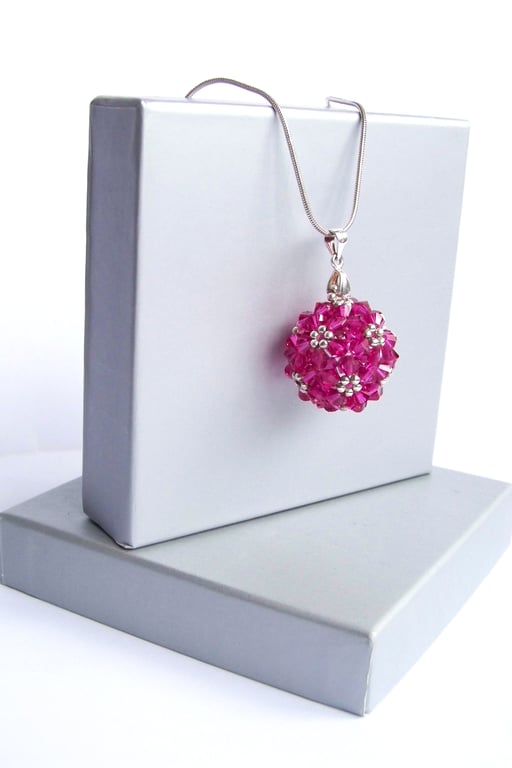 Handmade Pink Swarovski Crystal Pendant Necklace with Sterling Silver Chain