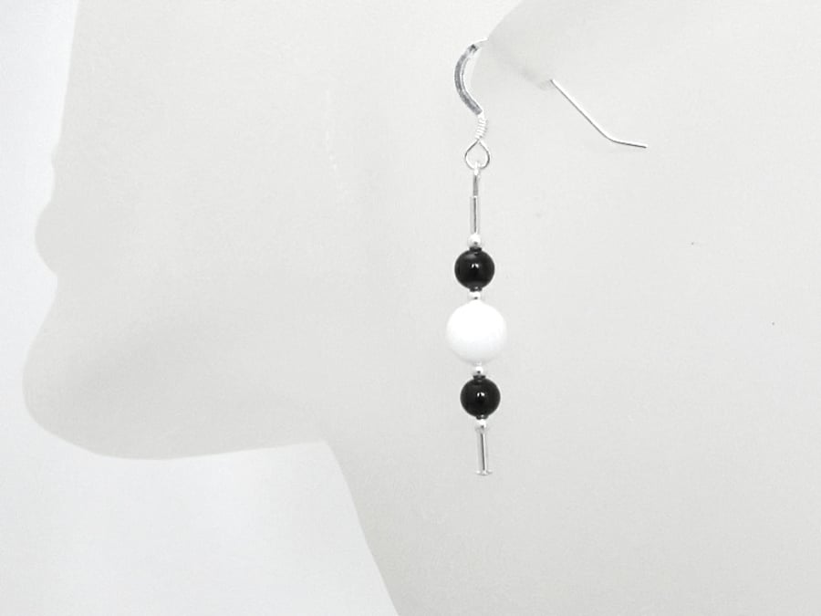 Black Onyx & Snow White Jade Sterling Silver Slim Drop Earrings