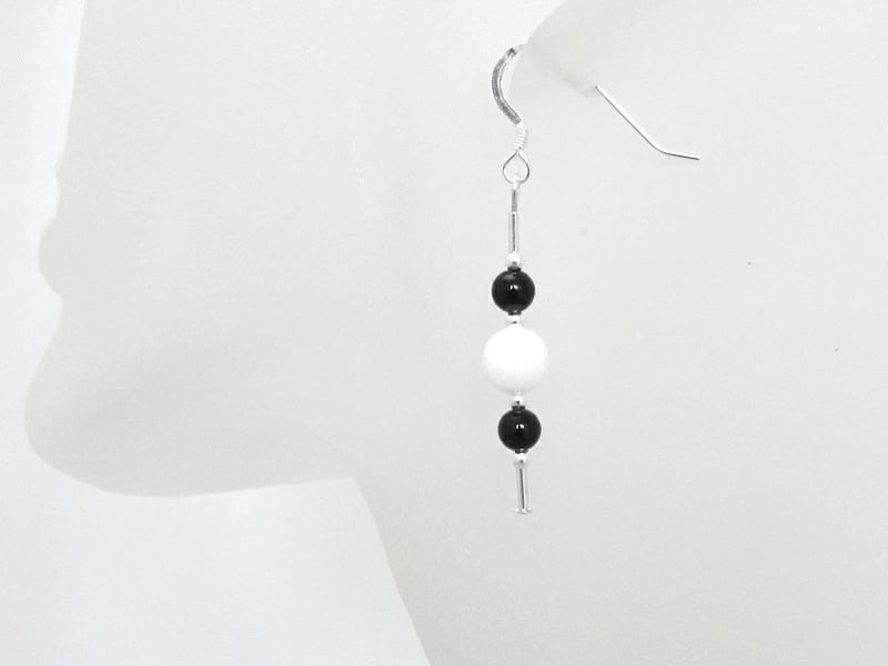 Black Onyx & Snow White Jade Sterling Silver Slim Drop Earrings