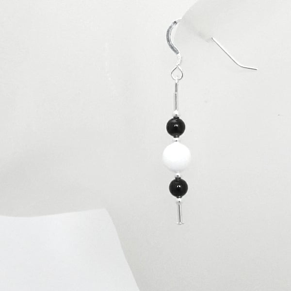 Black Onyx & Snow White Jade Sterling Silver Slim Drop Earrings