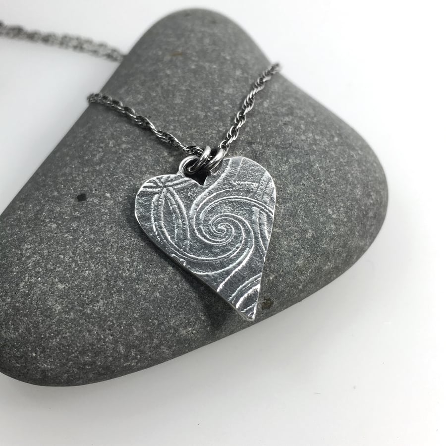 Sterling silver heart pendant on chain, oxidised patterned silver
