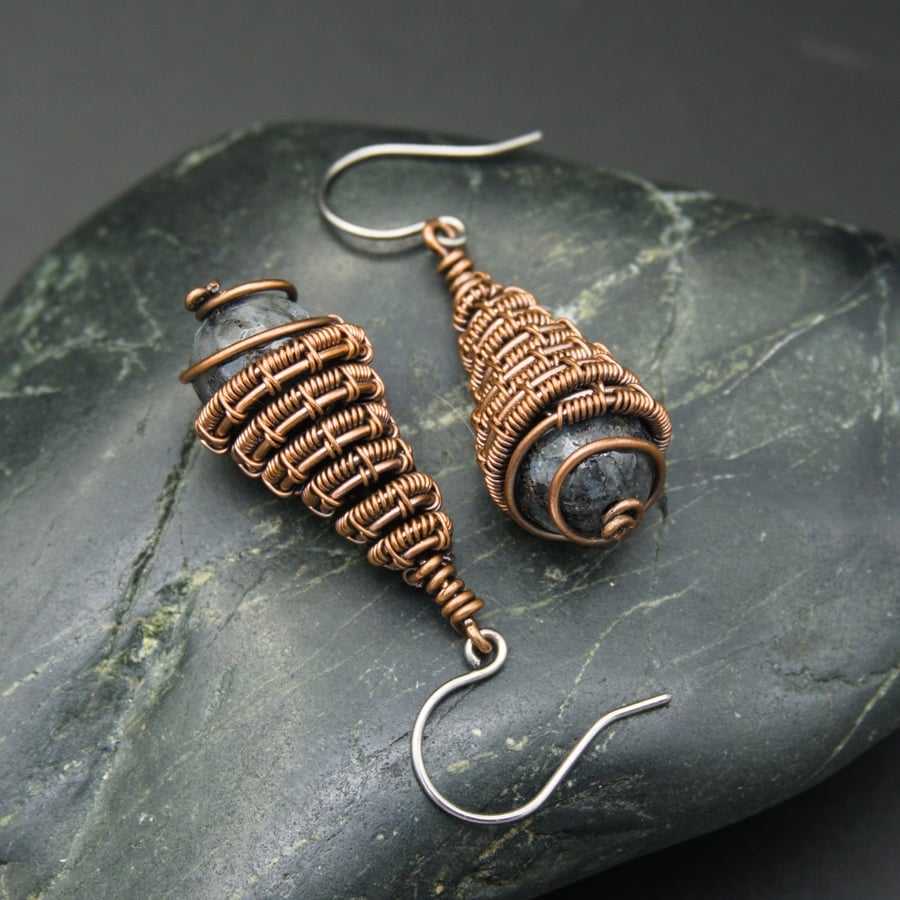 Copper Wire Weave Coiled Drop Earrings with Black Agate