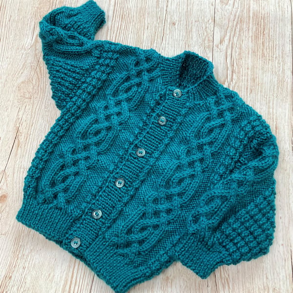 Hand knitted Boy's Aran cardigan to fit age 2 -3 in Teal