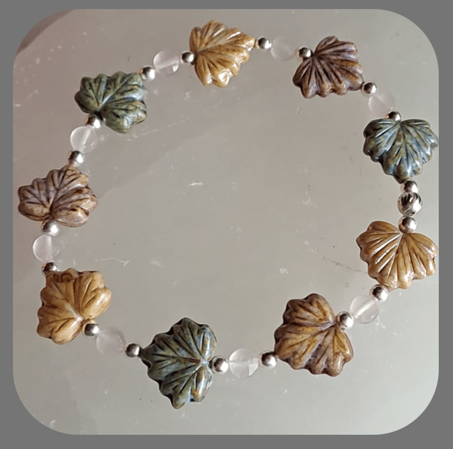  Czech glass, Rose Quartz and Sterling Silver Leaf bracelet