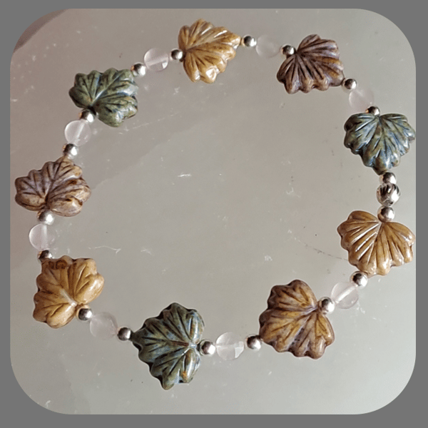  Czech glass, Rose Quartz and Sterling Silver Leaf bracelet