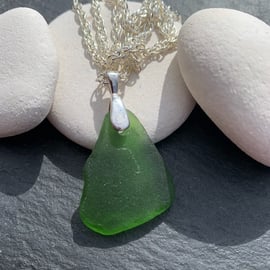 Silver plate chain and deep green seaglass pendant